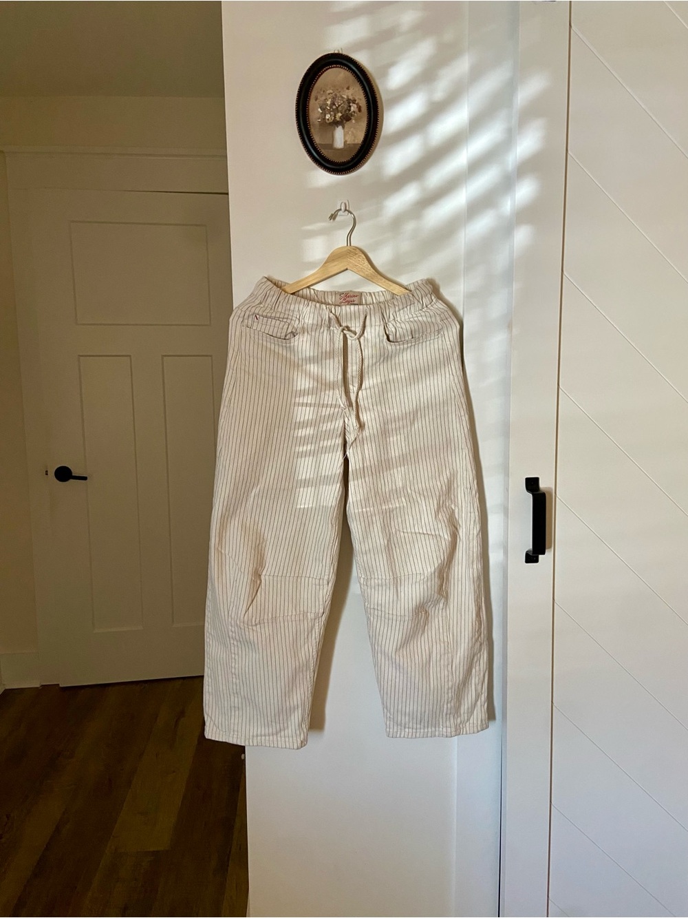 Marine Layer Cream Striped Barrel Leg Jeans